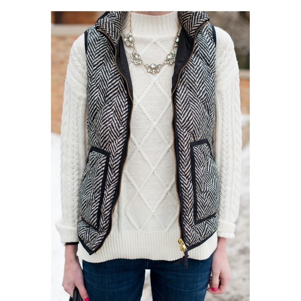 J‎ Crew Herringbone Quilted Puffer Vest Black White Full Zip Pockets  Medium